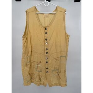 Blue Fish Yellow Tencel Postage Stamp Paris Print Longline Button Front Vest L